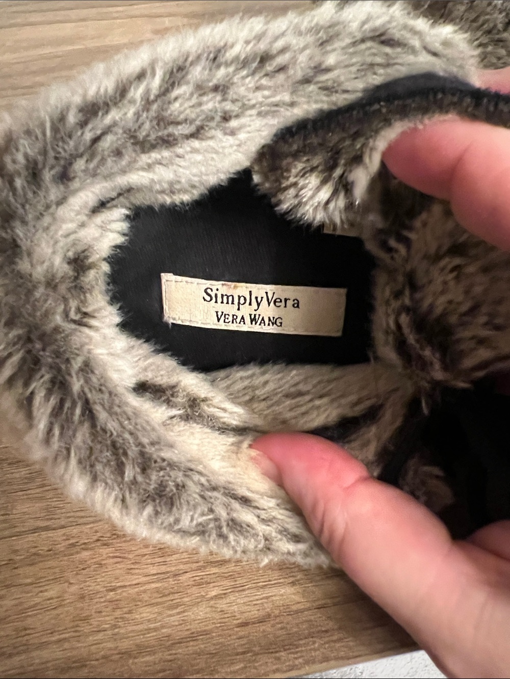 Simply Vera Vera Wang Black Moccasin Slippers with Grey Faux-Fur Collar - Picture 2 of 7